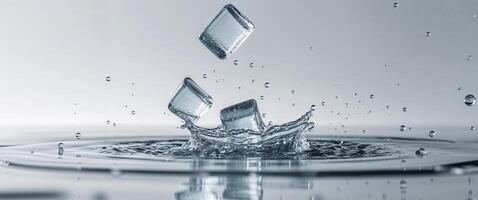 Ice Cubes Falling into Water with Splash and Droplets Effect photo