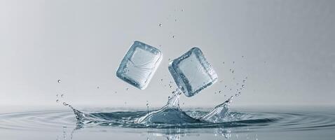 Ice Cubes Falling into Water with Splash and Droplets Effect. photo