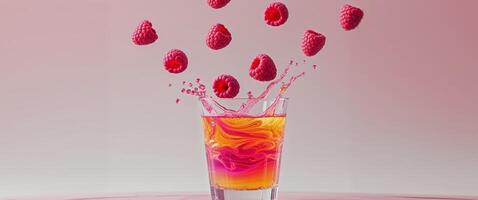 Splashes of juice in a glass and raspberries falling from above on a pink background. photo