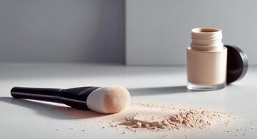 Brush with foundation resting on a surface of loose powder in a beauty setting. photo