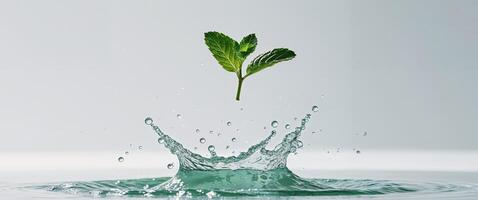 Dynamic Mint Leaf Creating Pristine Water Splash on White. photo
