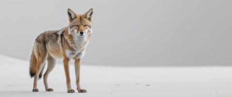 Coyote standing attentively in front of a white backdrop. photo