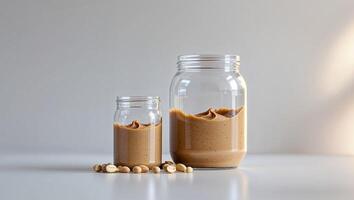 Small and big glass jar with peanut butter mockup photo