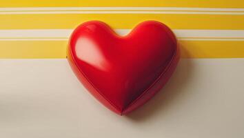 Red heart on a bright yellow and white striped background creating a retro and joyful theme with ample space for text or messages. photo