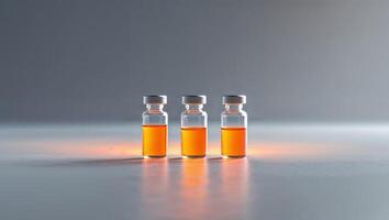 Three Glass Laboratory Vials with Orange Liquid on Table Surface. photo