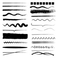 Charcoal texture design elements. Straight, wavy, dashed lines, strikethroughs, underlines, brackets. Black scribbles. vector