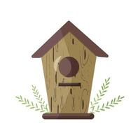 Birdhouse with leaves, branches on isolated background. Spring season. Template for greeting card or invitation. vector