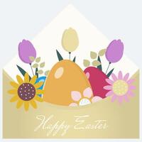 Easter card with envelope, eggs and flowers. vector