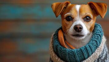 A dog is wearing a blue and gray sweater and has its head turned to the side. The sweater is knitted and has a pattern photo
