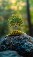 A small tree is growing on a rock. The tree is surrounded by moss and is the only living thing in the image. Concept of resilience and hope, as the tree is able to grow photo