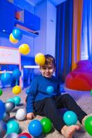Boy enjoys colorful ball play indoors. A young boy in a blue shirt smiles as he plays with bright colored balls scattered around him in a cozy room. photo