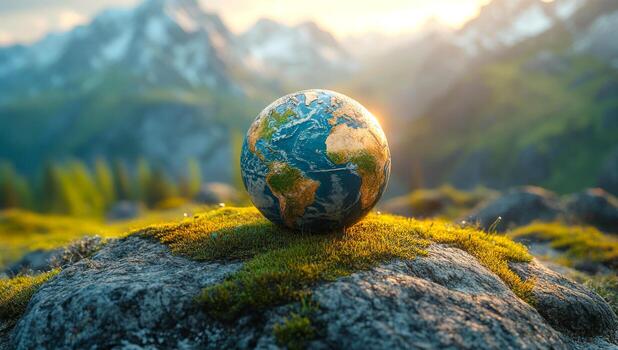 A small globe is sitting on a rock in a grassy field. The scene is peaceful and serene, with the mountains in the background adding to the sense of tranquility. The globe is a symbol of the Earth photo