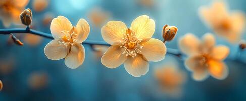 A close up of a branch with a few flowers on it. The flowers are yellow and the branch is blue. Concept of calm and serenity photo
