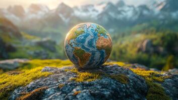 A small globe is sitting on a rock in a grassy field. The globe is surrounded by a variety of plants and trees, giving the scene a peaceful and natural feel. Concept of harmony between the earth photo