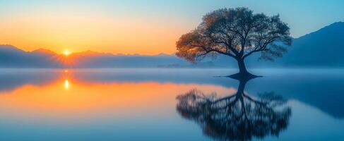 A tree is reflected in the water of a lake. The sky is orange and the sun is setting photo