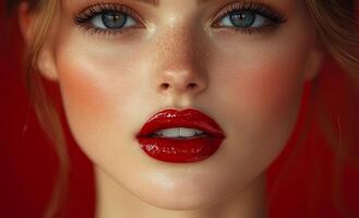 A woman with red lipstick and blue eyes. She has a red background. She is smiling photo