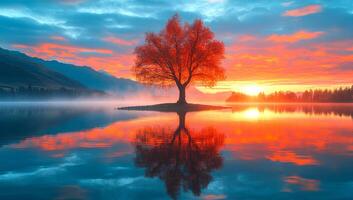 A tree is reflected in the water of a lake. The sky is orange and the water is calm photo