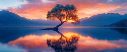 A tree is reflected in the water of a lake. The sky is orange and pink. The scene is peaceful and serene photo