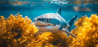 A shark is swimming in the ocean with yellow seaweed in the background. The shark is surrounded by the seaweed, which gives the image a sense of depth and a natural, wild feel photo