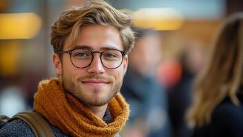 A man with glasses and a scarf is smiling. He is wearing a black jacket and a backpack photo