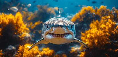 A shark is swimming in the ocean with its mouth open. The water is green and murky, and the shark is surrounded by seaweed photo