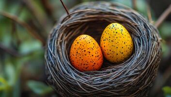 Two eggs are in a nest made of twigs. The nest is brown and the eggs are yellow photo