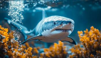 A shark is swimming in the ocean with its mouth open. The water is clear and blue, and the shark is surrounded by green seaweed. Concept of danger and excitement photo