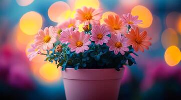 A vase of pink flowers sits on a table. The flowers are in a pink pot and are arranged in a way that makes them look like they are blooming. Scene is cheerful and uplifting photo