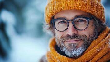 A man with glasses and a yellow hat is smiling. He is wearing a scarf and he is enjoying the cold weather photo