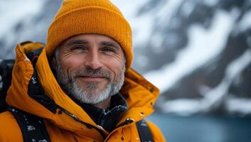A man wearing a yellow hat and a yellow jacket is smiling. He is standing in front of a mountain photo