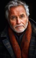 A man with a beard and gray hair is wearing a scarf and a black coat. He is looking at the camera with a serious expression photo