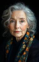 A woman with gray hair and a floral scarf is posing for a photo. The scarf is colorful and adds a touch of personality to her outfit. The photo is in black and white, which gives it a classic