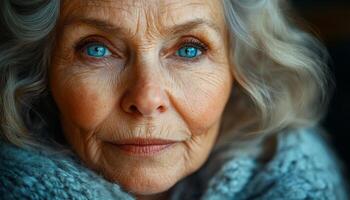 A woman with blue eyes and grey hair is wearing a blue sweater. She is looking at the camera with a serious expression photo