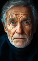 A man with a beard and a blue eye. He is wearing a black sweater. The man has a serious expression on his face photo