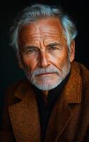 A man with a beard and gray hair is wearing a brown jacket and a black sweater. He is looking at the camera with a serious expression photo