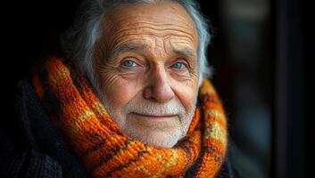 A man with a scarf wrapped around his neck and a smile on his face. The scarf is orange and has a striped pattern photo