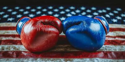 Two boxing gloves with red and blue on a red, white and blue background. The gloves are on a table photo