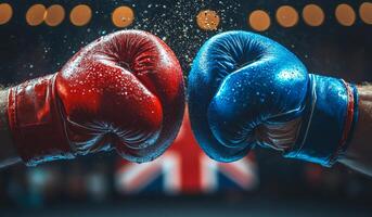 Two boxing gloves with the red one on the left and the blue one on the right. The gloves are wet and the background is blurry photo