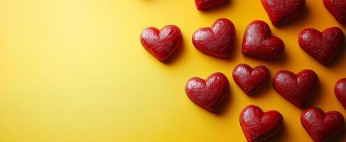 A row of red hearts are on a yellow background. The hearts are arranged in a way that they are all facing the same direction. Concept of love and warmth, as the hearts are a symbol of affection photo