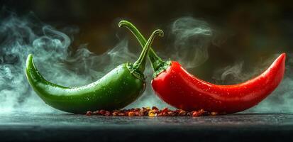 Two peppers are shown in a close up, one green and one red. The peppers are surrounded by a pile of spices, including chili powder and cayenne pepper. Concept of heat and spice photo