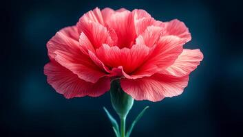 A single red flower with a green stem. The flower is the main focus of the image. The background is dark blue, which creates a sense of depth and contrast photo