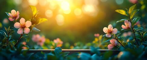 A beautiful scene of pink flowers with a bright sun in the background. The flowers are in full bloom and the sun is shining brightly, creating a warm and inviting atmosphere photo