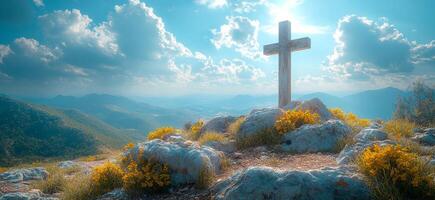 A cross is on a mountain top with a beautiful blue sky in the background. Concept of peace and serenity, as if the viewer is standing on top of the world and looking out over the vast landscape photo