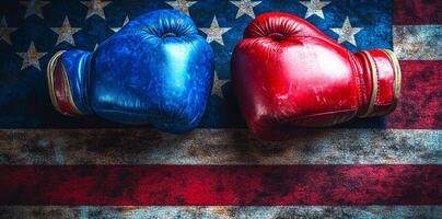 Two boxing gloves are on a red, white and blue American flag. The flag is faded and worn, giving the image a sense of history and nostalgia photo