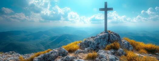 A cross is on top of a mountain, with a blue sky in the background. Concept of peace and serenity, as the cross stands tall and proud on the rocky hill. The combination of the natural landscape photo