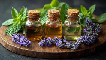 Three small glass bottles of essential oils are displayed on a wooden table with purple flowers. The bottles are arranged in a row, with one on the left, one in the middle, and one on the right photo