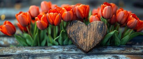 A heart made of wood is surrounded by a bunch of red tulips. The heart is placed in the middle of the tulips, and the tulips are arranged in a way that they surround the heart photo