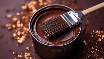 A chocolate brush is dipped into a chocolate sauce and rests in a bowl of chocolate photo