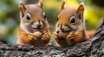 Two baby squirrels are eating acorns from a tree branch. The scene is peaceful and cute, with the squirrels enjoying their snack in a natural setting photo