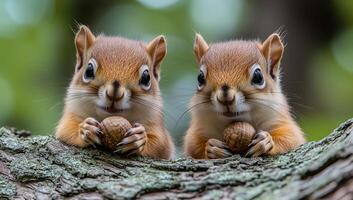 Two baby squirrels are sitting on a tree branch, one of them holding a nut in its mouth photo